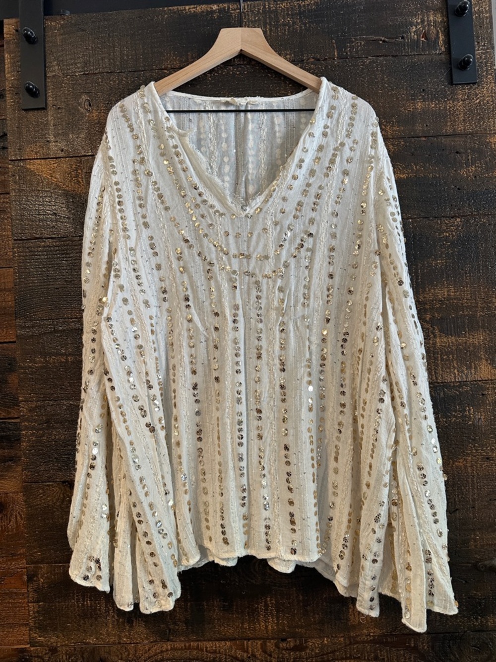 Sequin Embellished Cream V-Neck Women's Top